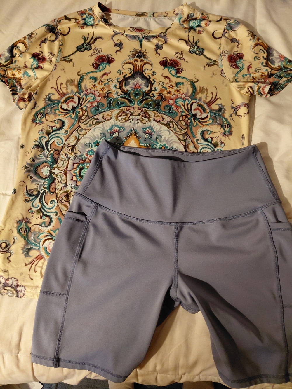 Athletic Bike Shorts in Blue/Gray (bad pic) with Multicolor Top Both M Women Exc